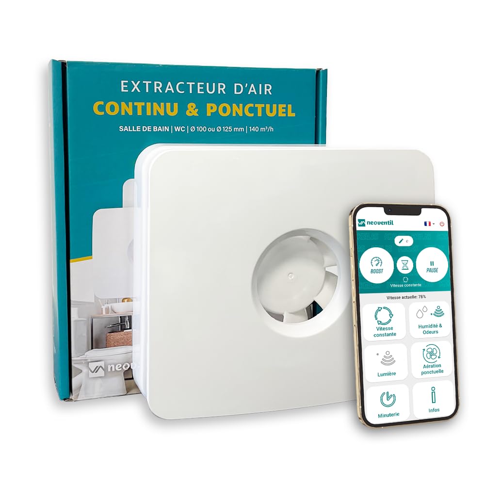 KELIS - Extracteur d'air intelligent connecté pour Salle de Bain, WC et Cuisine - Détection Humidité, Lumière et Odeurs avec Minuterie Intégrée - Fonctionnement ponctuel ou continu