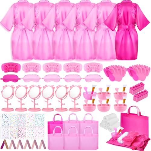 Guifizeiom Spa Party Supplies for Girls 6 Satin Robes Kids Spa Birthday Sleepover Supplies Kit(5 Pink 1 Rose)