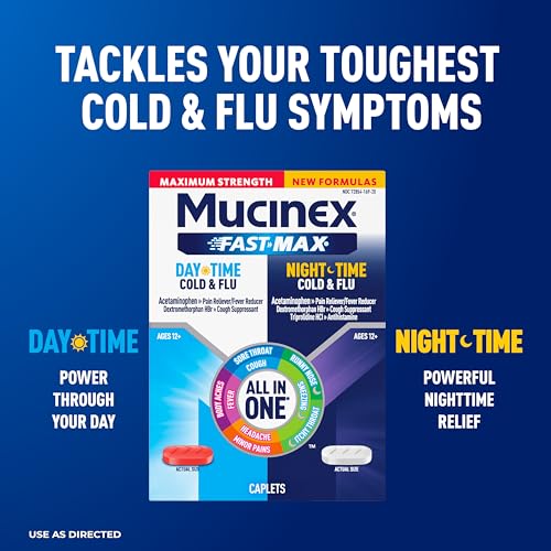 Mucinex Fast-Max Maximum Strength Day & Night Cold and Flu Medicine for Adults, Powerful Over-the-Counter Medication for Cold & Flu Symptoms, Fast Release Caplets, 20 Count - image 2