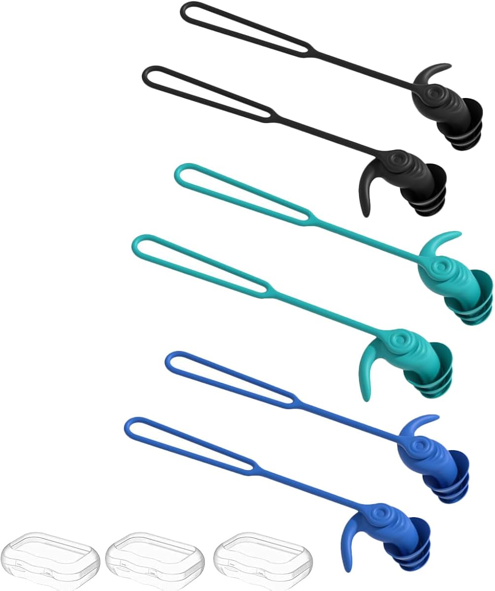 Swimming Ear Plugs for Adults,3 Pairs Anti-Lost Waterproof Reusable Silicone Swim Earplugs for Swimming Showering Surfing Snorkeling (Black,Blue,Cyan, Adults Size)