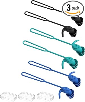 Swimming Ear Plugs for Adults,3 Pairs Anti-Lost Waterproof Reusable Silicone Swim Earplugs for Swimming Showering Surfing Snorkeling Black,Blue,Cyan, Adults Size
