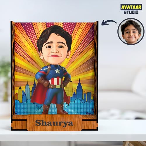 Image of Personalized Gift for Kids, Friends Character Caricature Photo Frame Unique Design Customized Gift for Children, Return Gift Idea (Captain America, Box)