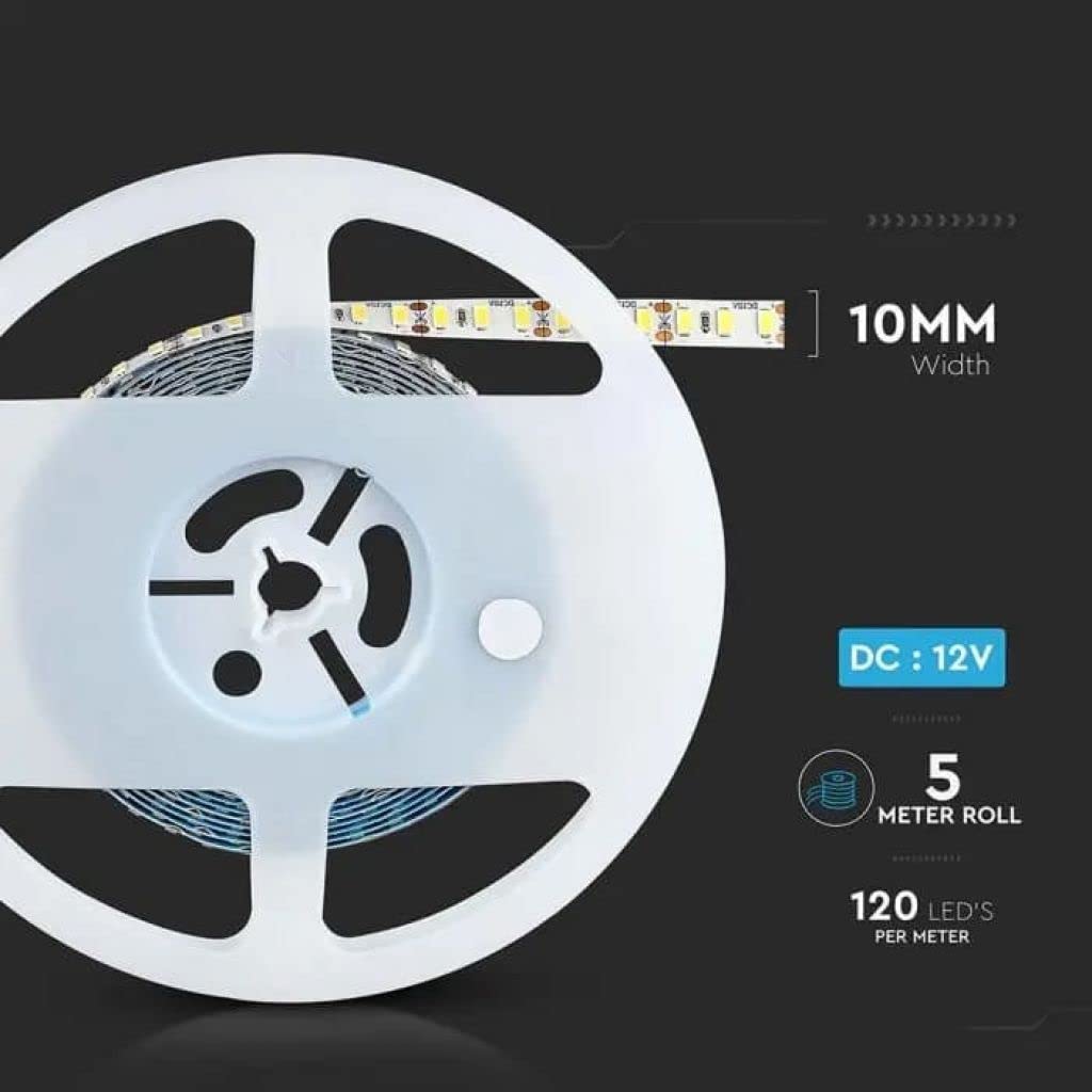 V-TAC Tira LED bobina de 5 metros 20 W por metro cinta luminosa SMD 5730 Color de la luz blanca fría 6500 K para interior con tira adhesiva, alimentada a 12 V.