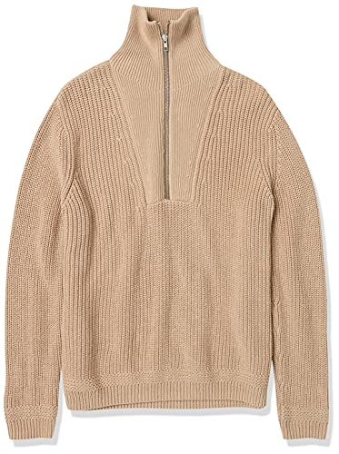 Image of Cable Stitch Women's Half Zip Cotton Pullover Sweater - Solid V-Neck Collar Loose Rib-Knit Long Sleeve Top