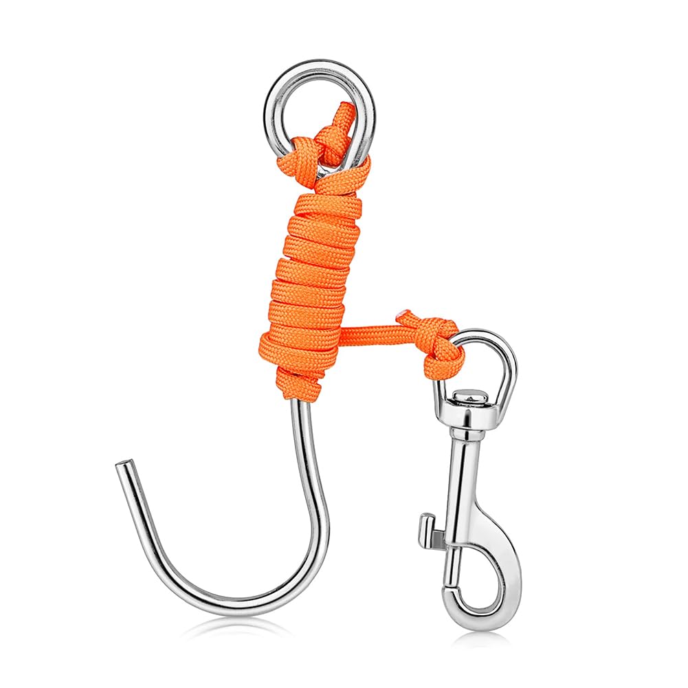 Joyzan Diving Single Reef Hook, Stainless Steel Anti Lost Reef Hook Line Clip Quick Release Buckle witjh Coil Lanyard Scuba Diving Accessories for Underwater Photography(Orange)