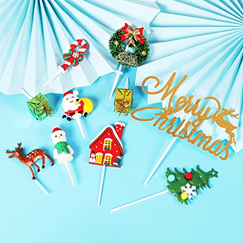 Christmas Cake Topper, HCSSZ 10PCS Merry Xmas Cupcake Decorations with Christmas Tree, Santa, Snowman,Reindeer, Candy - Image 2
