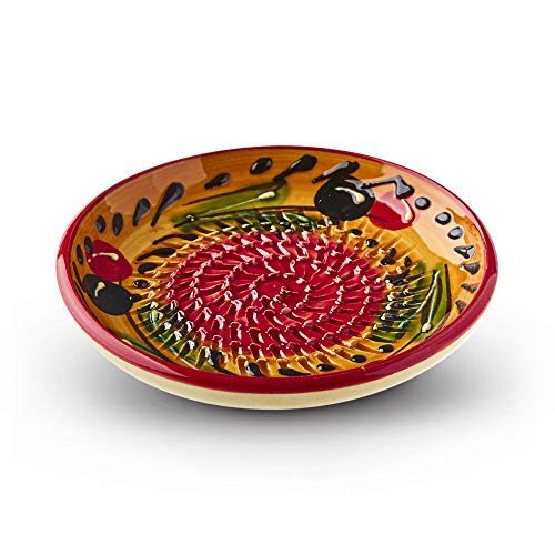 Garlic Grater Plate. (#Ref 6). Handmade and Hand Painted in Cordoba Spain. Orange Plate with Red Circle and Red Rim Olive Pattern.
