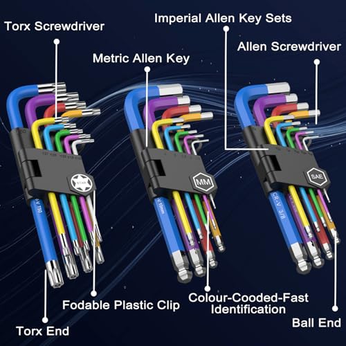 Image of 27PCS Color Allen Key Set, Ball&Star Hex Key Set, T Handle Allen&Torx Wrench Set, Metric Allen Wrench Set with Chrome Vanadium Steel, for Bicycle Repair, Household DIY, 1.5-10mm, T10-T50, 1 /16-3 /8