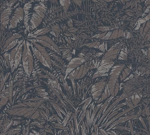 Livingwalls Carta da parati marrone nero – giungla 395605 – Carta da parati in tessuto non tessuto di alta qualità floreale con effetto metallico sobrio in oro beige, 10,05 m x 0,53 m