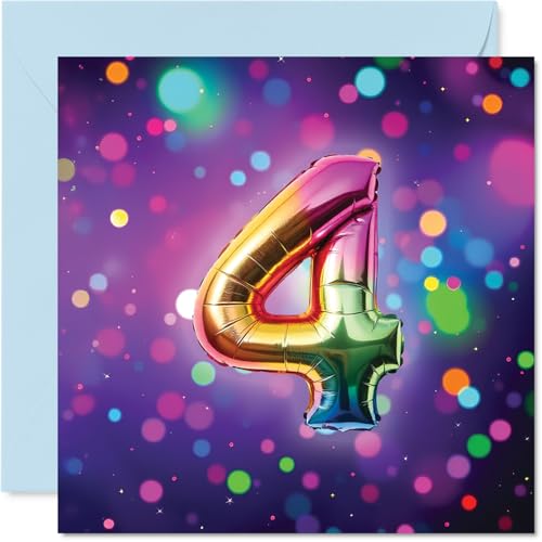 Cartes d'anniversaire 4 ans filles et garçons, ballon aluminium arc-en-ciel