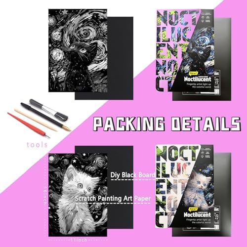 DESINIK Scratch Painting Art Paper for Adults,Creative DIY Art Craft Gift Scratch Rainbow Painting Luminous Paper Set including 4 Tools 16''x11''(Cat Series) - Image 3