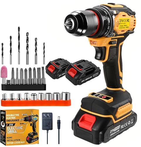 21V Cordless Power Drill/Driver Set, 2 Variable Speeds with LED Light, 3/8