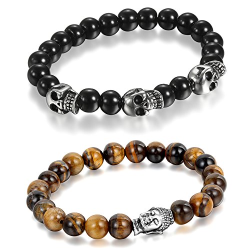 Aroncent Pulsera Elástica Budista de Cuentas Cabeza de Buda Punk Rock Brazalete Biker Gótico con Cráneo de Acero Inoxidable Religioso para Bendición Oración para Hombre Mujer Pareja 2PCS