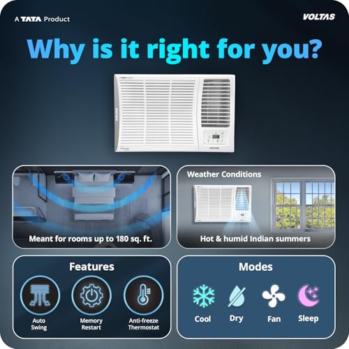 Image of Voltas 1.5 ton 5 Star Inverter Window AC (Copper, 2-in-1 Cooling Modes, Anti-Dust Filter, 2-Way Swing, Memory Restart, Sleep Mode (185INV ELITE, White)