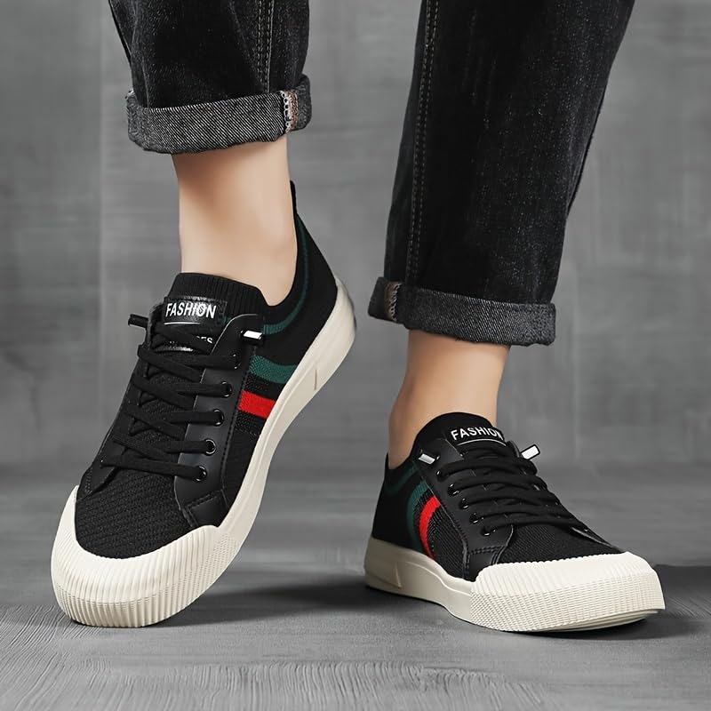 Comfortable Breathable Beige Men's Knit Sneakers - EVA Sole Lace-Up Footwear with Red/Green Strip Detail - Ideal for Daily Use & Running3