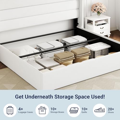 Image of Allewie King Size Velvet Lift Up Storage Bed, Modern Wingback Headboard, Hydraulic Support, No Box Spring Needed, White