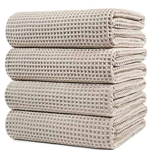 POLYTE Microfiber Oversize Quick Dry Lint Free Bath Towel, 60 x 30 in, 4 Pack (Waffle Weave)