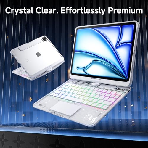 Image of Clear Wireless Keyboard Case for iPad Air 13 Inch (M4 /M3 /M2, 2026 /2025 /2024) / iPad Pro 12.9 inch (6th /5th /4th /3rd Gen), 7-Color Backlit, Pencil Holder & Multi-Touch Trackpad, 360 Rotatable,White