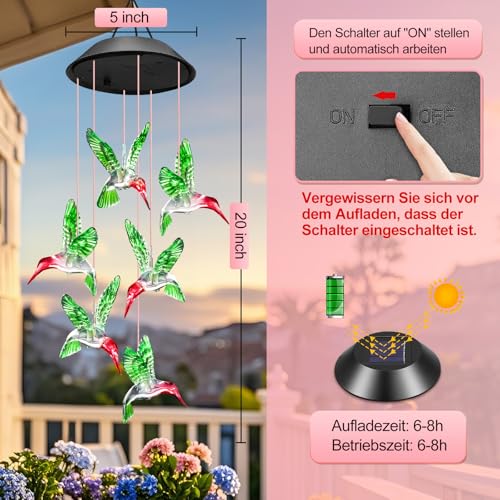 Winzwon Kolibri Solarlampen für Außen Garten Balkon Deko Wetterfest, Solar Windspiele für Draußen Hängend, Terassendeko Solarleuchten Oster Geschenke für Frauen Mama Oma