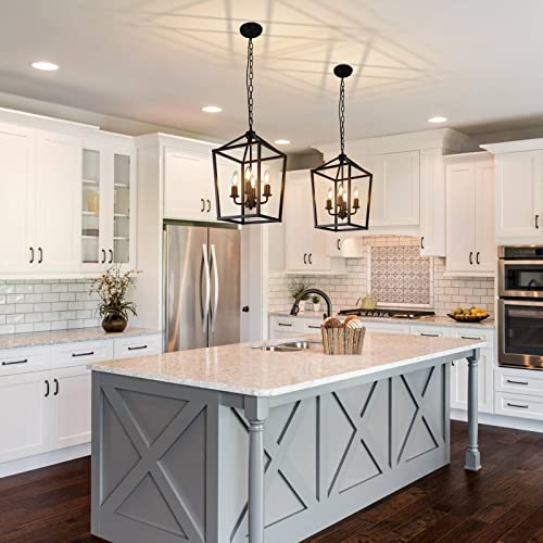 Gzjunyo 4-Light Black Farmhouse Chandelier Light Fixture Iron Lantern Pendant Light Metal Cage Kitchen Hanging Light Fixtures For Kitchen Island, Dining Room, Entryway, Foyer, Hallway #TOP4