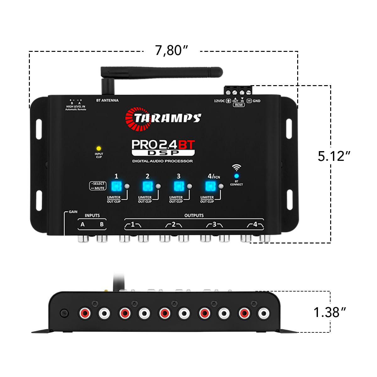 Taramps Pro 2.4 BT Bluetooth DSP Crossover Full, procesador de señal digital, ecualizador de audio para automóvil con aplicación, ganancia de hasta 9 V, ecualización gráfica de 15 bandas, 12