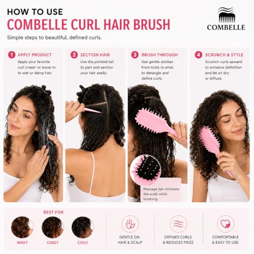 Image of Combelle 5-in-1 Curl Hair Brush, Vegan Boar Bristles, Bio-Baked PLA Handle, Detangling and Frizz Control for Curly Hair (Pink)