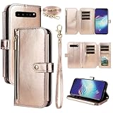Dswteny Wallet Case for Samsung Galaxy S10 5G with Wrist Strap Shoulder Strap Zipper Purse, Luxury Leather Flip Credit Card Holder Stand Accessories Cell Phone Cover for S105G S 10 G5 Women Men Gold
