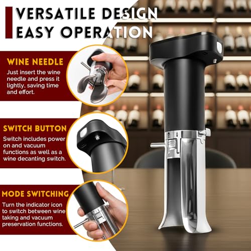 ZONSUSE Decantador de Vino Eléctrico, Aireador de Vino 3-en-1, Vertedor Antigoteo con Aguja, Sistema de Preservación de Vino, Conserva Vino 10+ Días, Regalo Ideal para Amantes del Vino (Negro Plata) - imagen 5