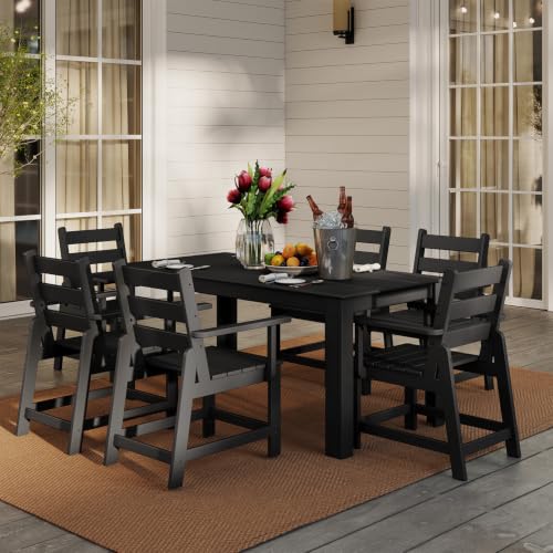 Image of GREENVINES 7 Piece HDPE Outdoor Patio Dining Set, Removable Armrests, Black