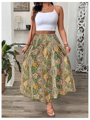 WDIRARA Women's Plus Size Paisley Print Boho Maxi Skirts High Waist Smocked Ruffle Hem A Line Skirt4