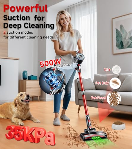 Cordless Vacuum Cleaner, 500W/35Kpa Lightweight Stick Vacuum with Green Light, 45Mins Runtime Self-Standing Vacuum Cleaners for Home, Anti-Tangle Vacuum for Pet Hair Hardwood Floor Carpet
