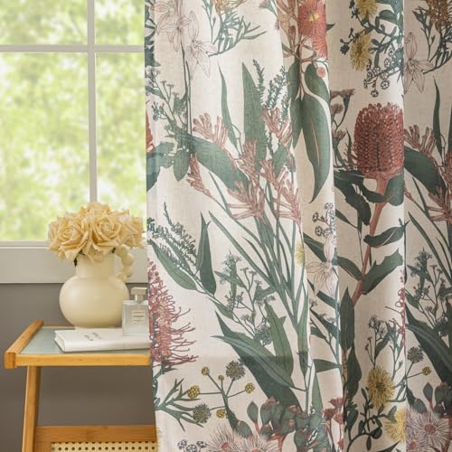 Image of Linen Botanical Curtains 63 Inch Length Pair Whimsical Protea Flower Garden Curtains Retro Farmhouse Light Filtering Window Curtain Panels for Dining Room Country Cottage Home Decor 50 inch W x 63 inch L