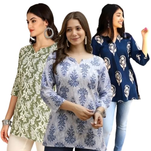 Image of Women's Printed Short Kurti Tops Rayon Cotton Blend Tunic Combo