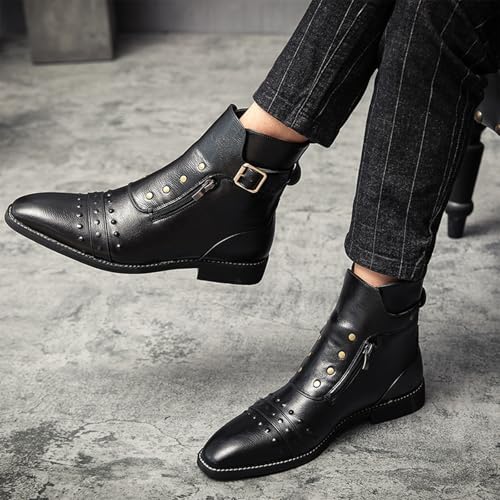 Image of Men's Leather Studded Chelsea Boots with Side Zipper,Adjustable Buckle Comfort Chunky Heel Dress Booties for Motorcycle Riding,Casual Non-Slip Oxford Ankle Boots for Punk Rock Formal