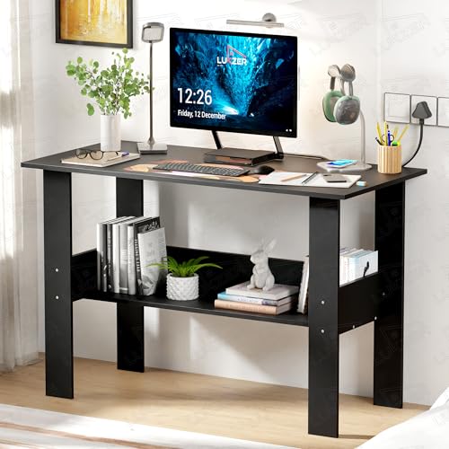 Image of Lukzer Engineered Wood Computer Desk with One Tier Shelves Laptop Study Table for Office Home Workstation Writing Modern Desk (ST-004 / Black / 90 x 50 x 75 cm)