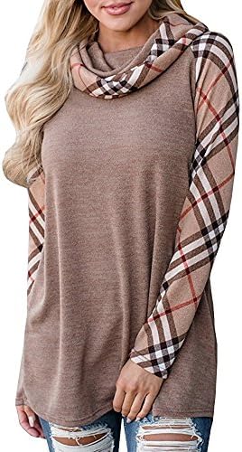 Womens Cowl Neck Sweatshirt Pullover Shirts Long Sleeve Plaid Raglan Tunic Tops Khaki