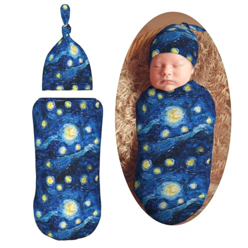 Image of Starry Sky Watercolor Painting Newborn Swaddle Blankets Hat Sets Soft Baby Receiving Blanket Swaddle Sack for Baby Shower Infant Boy Girl Gift