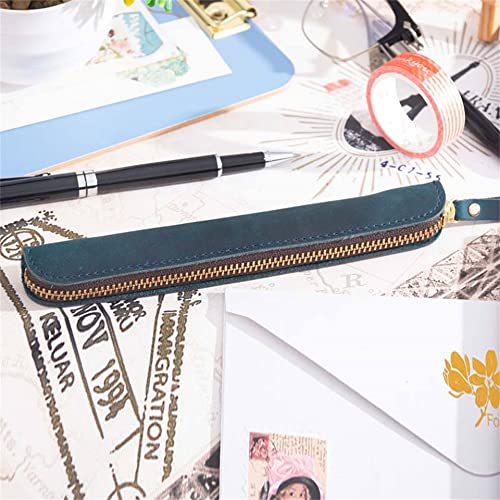 Image of Retro Crazy Horse Genuine Leather Stationery Pencil Case Storage Bag Casual Stationery Box (Blue)
