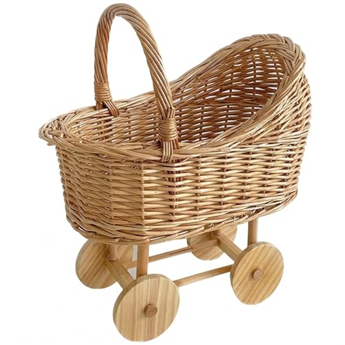 Woven Rattan Stroller Shaped Flower Basket with Handle Versatile Trolley Decorative Flower Basket Wicker Baby Carriage Handwoven for Weddings Baby Showers Floral Arrangements