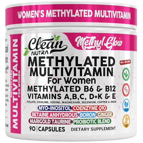 Methylated Multivitamin for Women Vitamins B6 Methyl B12 A B C D K E Folate Choline Omega 3 Thiamine Riboflavin Iron Iodine Magnesium Zinc Selenium Copper Calcium 90 Capsules by Clean Nutra