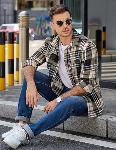 Image of COOFANDY Mens Flannel Shirts Long Sleeve Plaid Shirt Jacket Button Down Shirt with Pockets