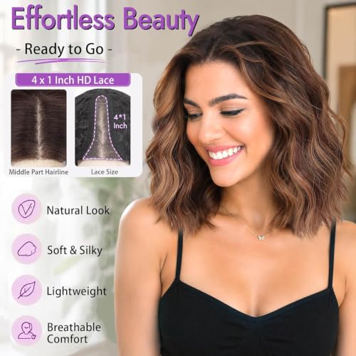 Image of Eawwii Wigs for Women Brown Highlight,Short Wavy Synthetic Lace Wig