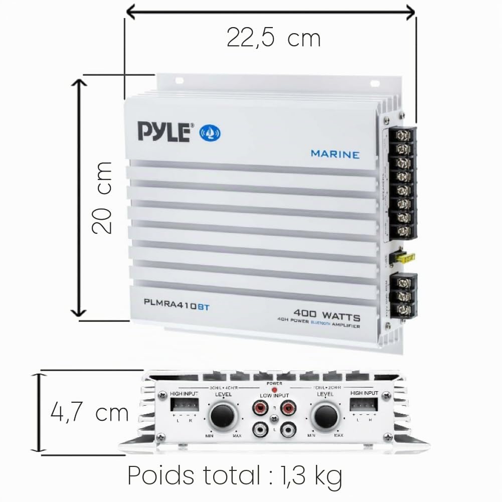 KIT SET POUR PYLE PLMRA410BT 1 Amplificateur marin 4 canaux, classe AB, 4 x 100 watts max, étanche, connectivité Bluetooth 2.1, pour piscines, bateaux, bateaux, 1 pièce + câbles gratuits