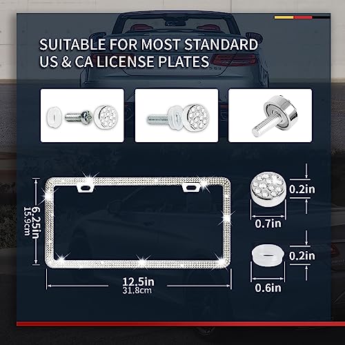 Bling License Plate Frames, Sparkly License Plate Frame With Over 1000Pcs Bedazzled Clear Glass Diamond, Stainless Steel Rhinestone Crystals License Plate Frame For Women & Men (Sliver White) #TOP4