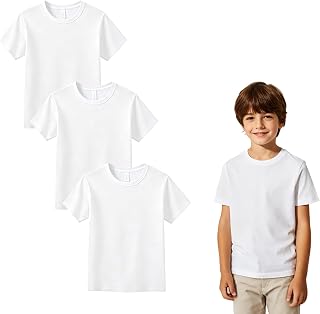 OKBA 3 Pack White t Shirts for Kids,Crew Neck Short Sleeve Boys Clothes Undershirt, Boys Tank Tops Polyester tee Bulk