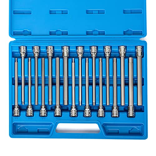 NEIKO 10079A Extra Long Allen Hex Bit Socket Set, 18 Piece SAE and Metric Allen Socket Set, 3/8 Drive, 1/8