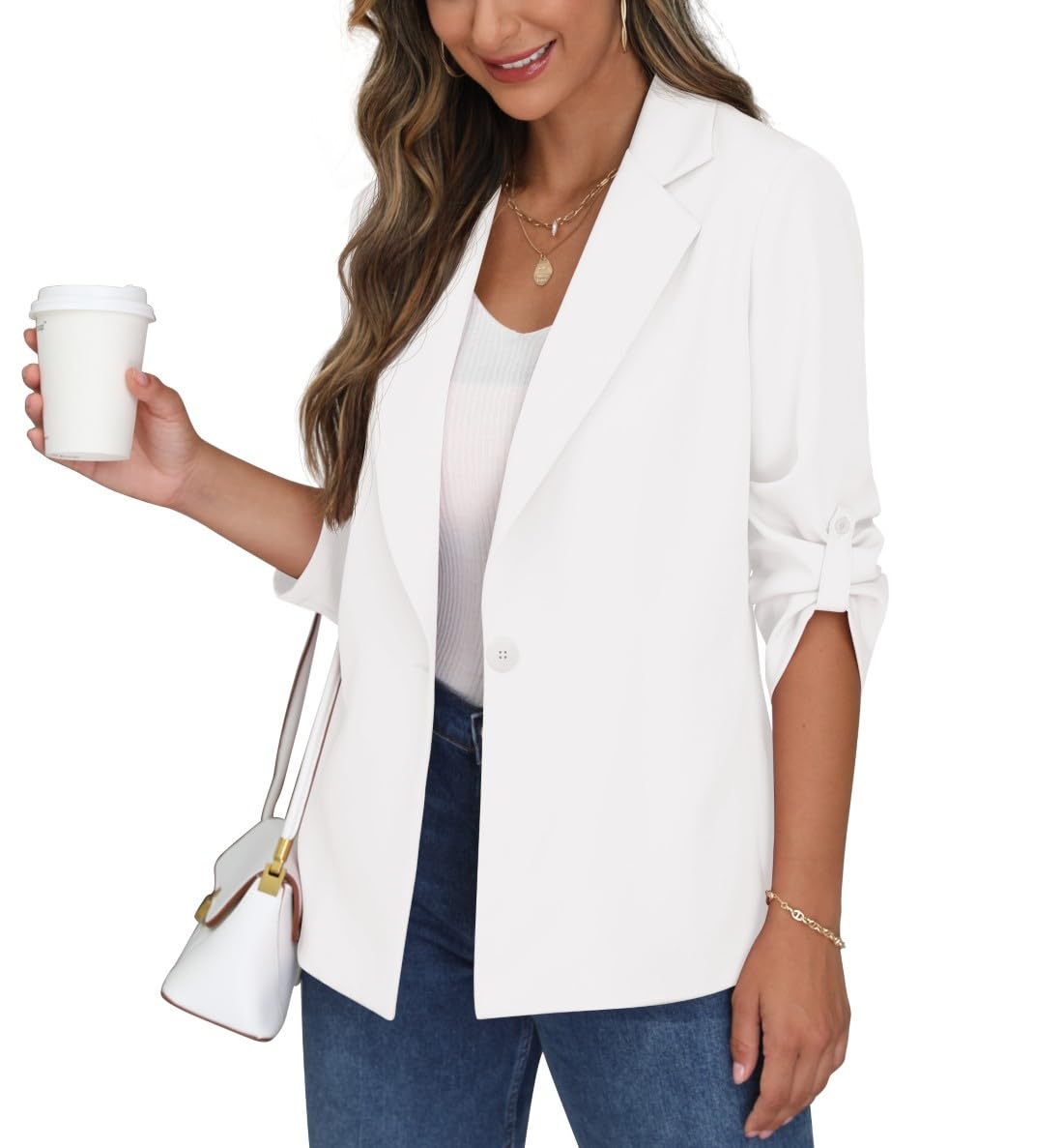 PrinStory Blazer para mujer, manga ajustable, con bolsillos, cuello de solapa, botones frontales abiertos