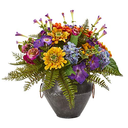 Nearly Natural Mixed Flowers Artificial Metal Bowl Silk Arrangements, Multi #TOP17