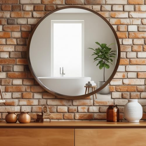 Image of Round Wall Mirror with Durable Wooden Frame - 24 inch (Brown) | Modern Decorative Wall Hanging Mirror for Bathroom, Bedroom, Basin, Dressing Table, Entryway & Home Interior Decor