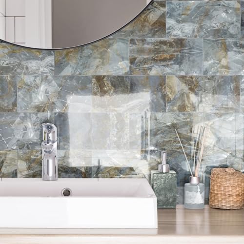 Azulejos Adhesivos Cocina Gris Marrón Elegante Azulejos Adhesivos Baño Pvc Baldosas Adhesivas Pared Impermeable Vinilo Adhesivo pared Cocina Duradero Vinilos Baño 10.16x20.32cm/16 pcs